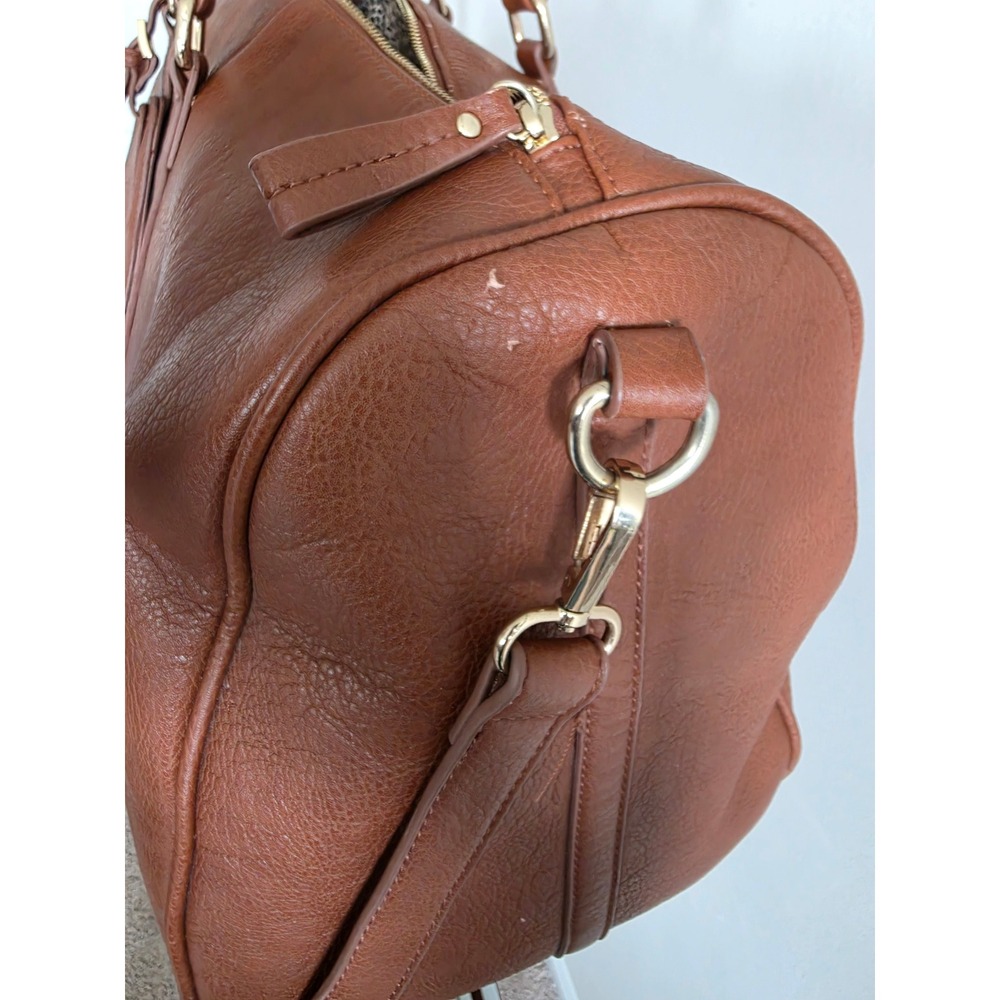 Sole Society Cassi Cognac Brown Vegan Leather Weekender Duffel Bag Leopard Lined - Picture 3 of 13
